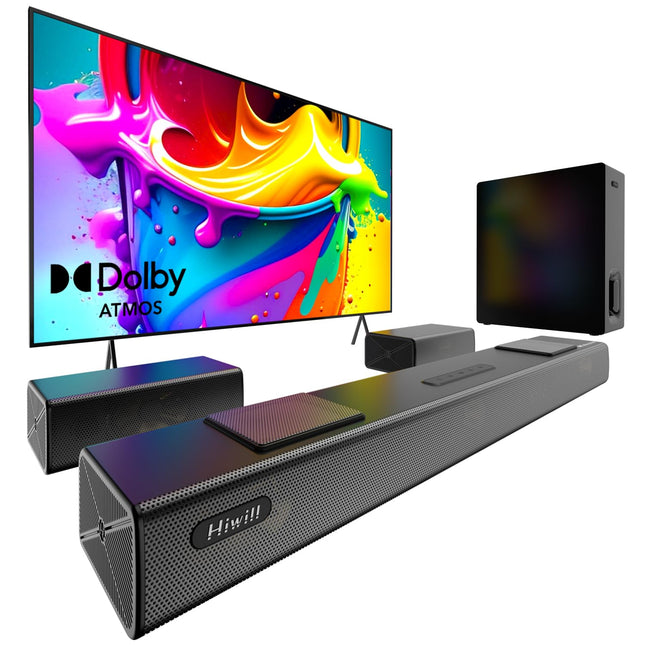 Hiwill 5.1.2-kanaliline Dolby Atmose heliriba telerile, ruumilise heli süsteem telerile, heliriba 6,5-tollise subwooferiga, 2 tagumist ruumilise heli kõlarit, 2 ülespoole suunatud draiverit, Nimbus A512