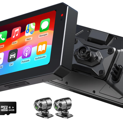 YolanAuto MT5 Motorcycle Smart Navigation System, 5-inch IPS 60Hz Screen with CarPlay &amp; Android Auto, Built-in GPS, IP68 Waterproof, Front/Rear Cameras Motorcycle Driving Recorder
