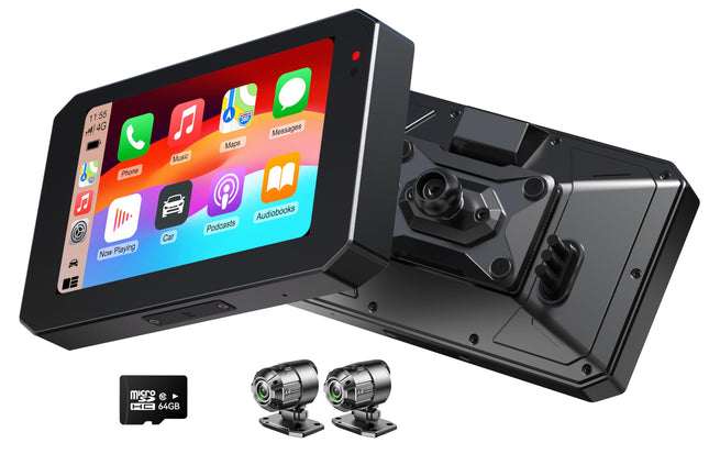 YolanAuto MT5 mootorratta nutikas navigatsioonisüsteem, 5-tolline IPS 60Hz ekraan CarPlay ja Android Auto toega, sisseehitatud GPS, IP68 veekindlus, esi- ja tagakaamerad, mootorratta sõidusalvesti