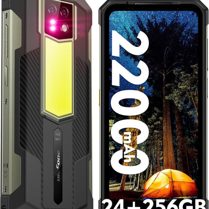 Ulefone Armor 24 õuenutitelefon Android 14 OS 24+256GB/SD-2TB, 22000mAh aku 1000LM telkimisvalgusti õuemobiiltelefon kaheksatuumaline, 6.78 FHD+ 120Hz ekraan, 64MP+64MP kaamera IP68 NFC/OTG/GPS 4G kahe SIM-kaardiga