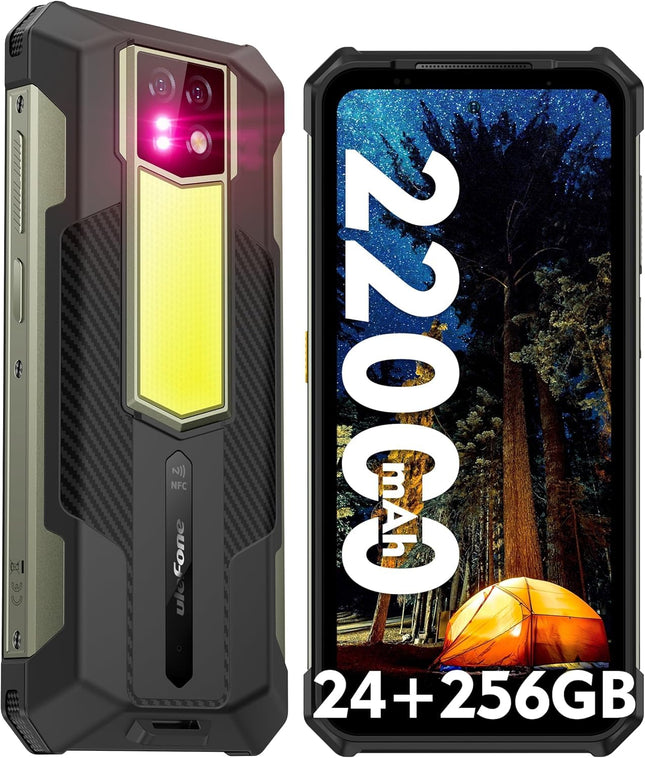 Ulefone Armor 24 õuenutitelefon Android 14 OS 24+256GB/SD-2TB, 22000mAh aku 1000LM telkimisvalgusti õuemobiiltelefon kaheksatuumaline, 6.78 FHD+ 120Hz ekraan, 64MP+64MP kaamera IP68 NFC/OTG/GPS 4G kahe SIM-kaardiga