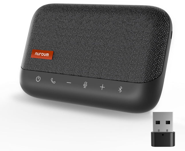 Nuroum A15 Bluetooth Conference Speaker with 4 Microphones, 3m 360° Voice Recognition, Noise Cancellation, Connection via Bluetooth/Dongle/USB-A/C, Compatible with Teams/Zoom for Office/Home Office, Grey