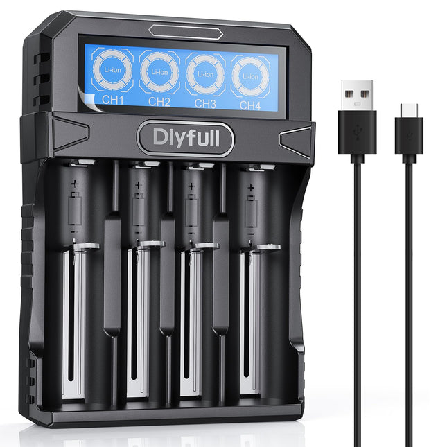 Dlyfull 18650 laadija, universaalne akulaadija LCD-ekraaniga 3,7 V liitiumioonaku jaoks 18650 21700 18700 26650 22650 20700 16340(RCR123) 14500 kaasaskantav USB-C akulaadija, 4 pesa