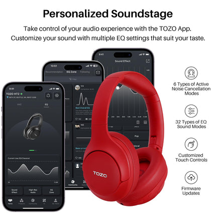 TOZO HT2 kõrvaklapid Bluetoothiga, hübriidsed aktiivse mürasummutusega kõrvaklapid, juhtmevabad Bluetooth-kõrvaklapid rakenduse juhtimisega, kõrglahutusega heli, 60 tundi mänguaega, sügav bass, mugavad kõrvaklapid