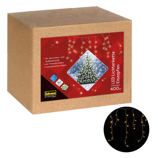 Idena 31270 - LED-valguskett jääpurika kujul 400 sooja valge LED-iga, 8-tunnise taimerifunktsiooni ja trafoga, umbes 10,27 m pikk, aia, rõdu, terrassi ja jõulude kaunistuseks