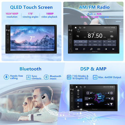 Eonon 7-tolline Linux Double Din autostereo, juhtmevaba CarPlay, Android Auto, kiirlaadimine, USB, DSP, Bluetooth, MirrorLink, RCA sisend/väljund, AUX sisend ja tahavaatekaamera x3