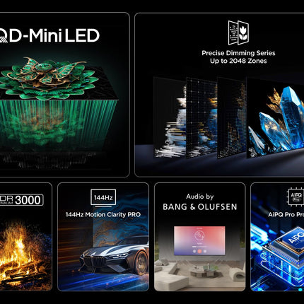 TCL 75C7K 75-tolline QD-Mini LED-teler, 4K HDR Premium 3000, nutikas Google TV 144Hz Motion Clarity Pro tehnoloogiaga (Dolby Vision IQ ja Atmos, CrystGlow HVA paneel, Bang &amp; Olufseni heli, Game Master)