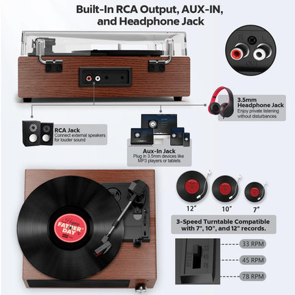 Record Player, FYDEE Vinyl Record Player Bluetooth Record Player Vintage Turntable with Built-in Stereo Speaker and 3-Speed ​​33/45/78 RPM, RCA Output, AUX Input - Walnut