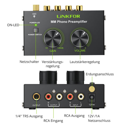LiNKFOR fonofonide eelvõimendi, ülikompaktne eelvõimendi toitelülitiga, helitugevuse regulaatoriga, RCA sisend/väljund, 1/4'' TRS väljund, DC 12V MM-peaga plaadimängijatele