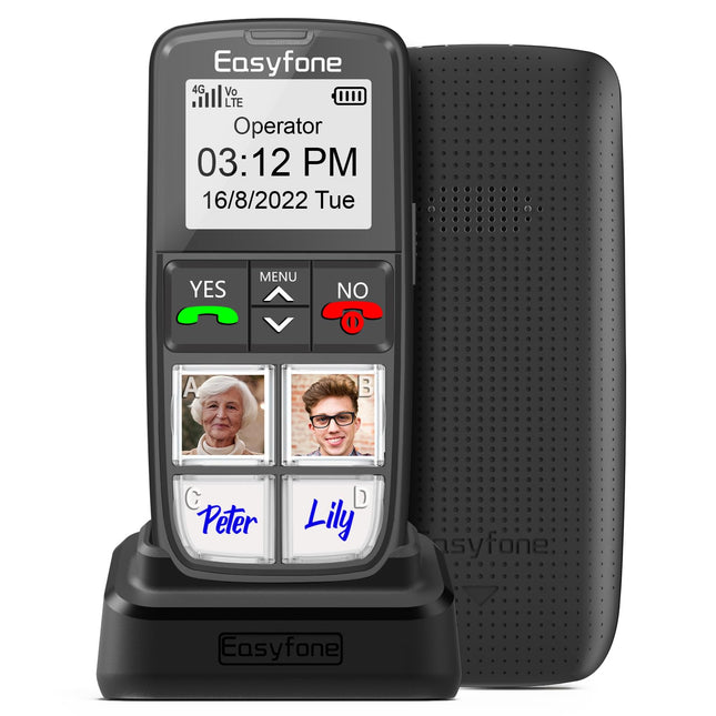 Easyfone T6 4G seenioridele mõeldud mobiiltelefon suurte pildinuppudega, lepinguta seenioridele mõeldud mobiiltelefon, hädaabikõne nupu ja laadimisjaamaga (must)
