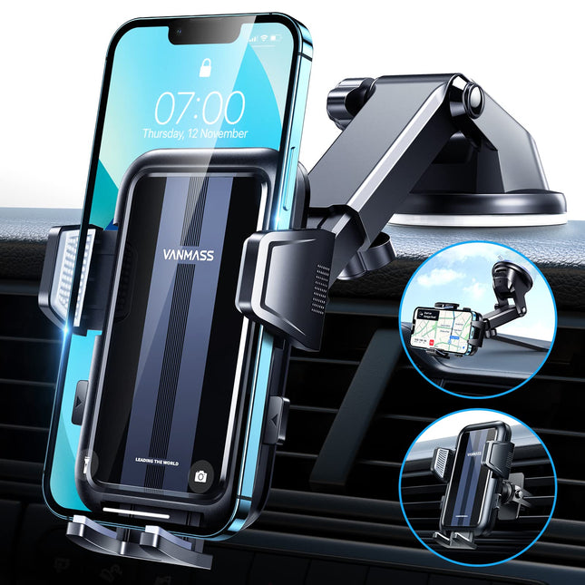 VANMASS 2025【Tõeline sõjaväeklass】Autotelefoni hoidik【Uuendatud iminapa ja klambriga】4-ühes autotelefoni hoidik armatuurlauale, esiklaasi õhutusava lisatarvikud iPhone 16 Pro Max/15 Samsung S25 jaoks