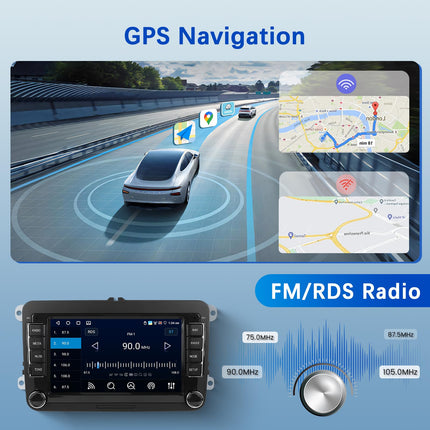 Podofo Android 13 autoraadio VW Passatile, Polo'le, Seat Skodale, Tiguanile, juhtmevaba Carplay Android Auto, 7-tolline puuteekraan 4G+64G koos Bluetoothi/peegliühenduse/FM/RDS/WiFi/GPS-navigatsiooni/hääljuhtimise + tahavaatekaameraga