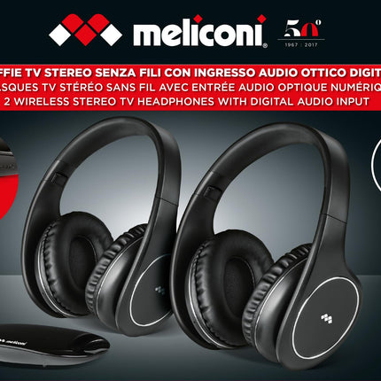 Meliconi Easy Digital Bundle, 2 juhtmevaba stereo TV-kõrvaklappi, 100% digitaalsed, analoog-/digitaalse audiosisendi ja dimensionaalse saatja alusega, must