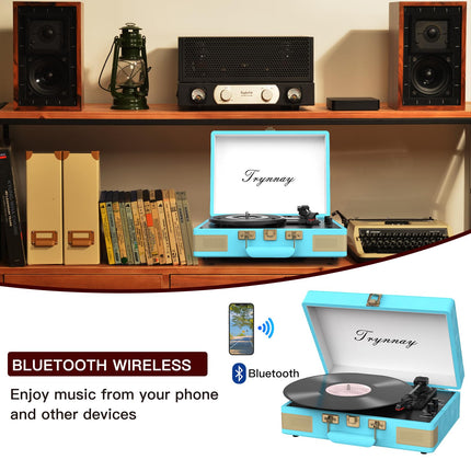 Trynnay Record Player 3-Speed ​​Bluetooth Portable Suitcase Vinyl Player with Built-in Speakers Record Player Enhanced Audio Sound PU Leather Vintage Blue