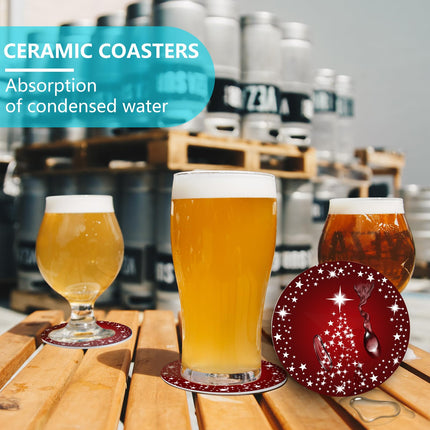 Silver Star Christmas Tree with Red Background Christmas Coasters Absorbent Ceramic Drink Coasters for Christmas Decoration Soft Coasters, 4 Pack