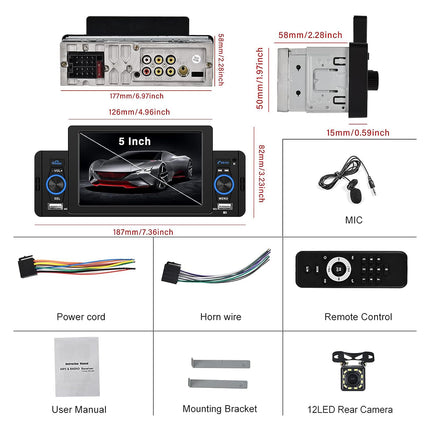 1 DIN autoraadio, 5-tolline puutetundliku ekraaniga autoraadio, Bluetooth-vabakäesüsteem, ühe DIN-iga FM-raadio koos peegliühendusega BT/USB/AUX-sisend/SD-kaardi pesa/rooliratta juhtimine + tahavaatekaamera + mikrofon