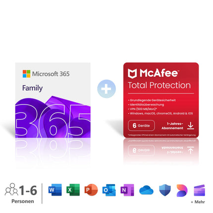Microsoft 365 Family │ 1 aasta │ kuni 6 inimest │ Office'i rakendused tehisintellektiga | kuni 6 TB pilvesalvestusruumi + McAfee Total Protection | 6 seadet | Aktiveerimiskoodid e-posti teel