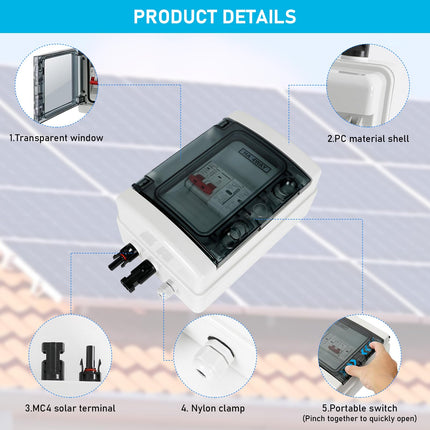 Ülepingekaitse PV, DC 40A/1000V lahklüliti, piksekaitselüliti (1 sisse ja 1 välja), päikesepaneelide ühenduskarp IP65 veekindlusega