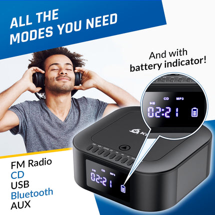 KLIM Boombox E1 raadio CD-mängijaga - bassivõimendi ja subwooferiga - FM-raadio, MP3, Bluetooth, AUX, USB, CD-mängija - kaasaskantav CD-mängija juhtmevaba režiimi ja laetava akuga - puldiga