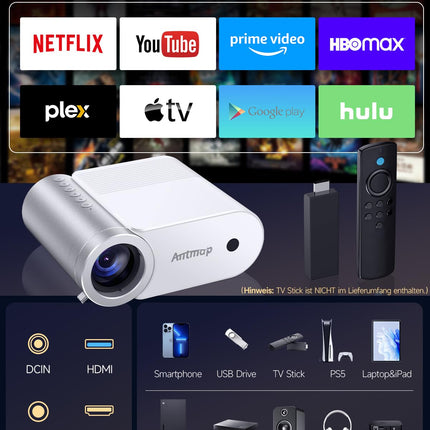 Antmap miniprojektor Bluetooth, väike projektor mobiiltelefonile, 1080P tugiprojektor iPhone'ile/Androidile, filmiprojektor koju/õues, ühildub nutitelefoniga/TYPE C kaabel/HDMI/USB/Fire Stick/PS5
