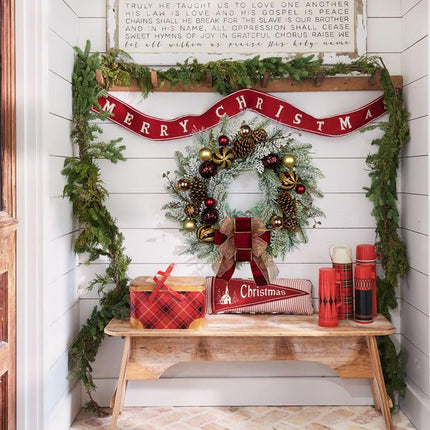 Christmas wreath door wreath for Christmas - red and white Advent wreath with Christmas balls, berries, pine cones and bow, decorative wreath Christmas decoration table wreath, Ø 60CM