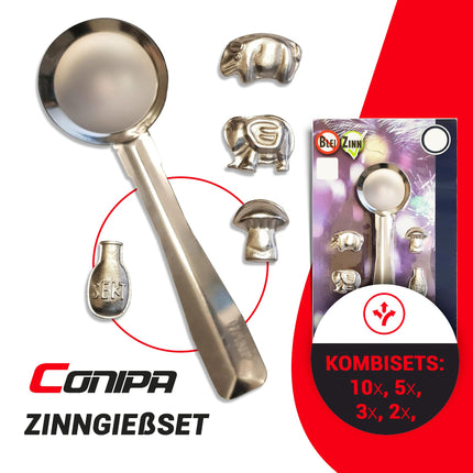 Conipa - 3-osaline tina valamise komplekt 12 figuuri ja 3 sulatuslusikaga - uusaastaöö valamine kui mürgivaba alternatiiv pliivalule - ennustamismäng koos tõlgenduse ülevaatega lastele ja täiskasvanutele