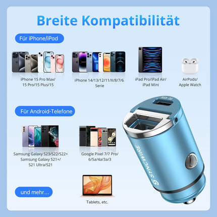 SYNCWIRE 90W sigaretisüütaja USB-C ja USB-autoadapter [PD 45W ja QC 45W] Supermini metallist autolaadija USBC kiirlaadimiseks, ühildub iPhone 15 14 13 12 Pro Maxi, Google Pixel 7, Samsungi, sinisega