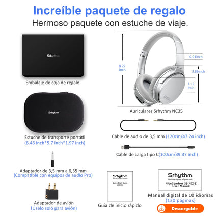 Srhythm NC35 aktiivse mürasummutusega kõrvaklapid, kokkupandavad, juhtmevabad, Bluetooth 5.0, kõrvapealsed USB-C kiirlaadimisega, mikrofon, kõned, 50+ tundi ühilduv iOS-i, Androidi, TV ja arvutiga (uuendatud)