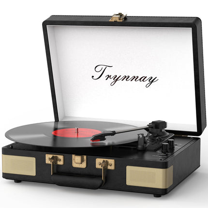 Trynnay Record Player 3-Speed ​​Bluetooth Portable Suitcase Vinyl Player with Built-in Speakers Record Player Enhanced Audio Sound PU Leather Vintage Black