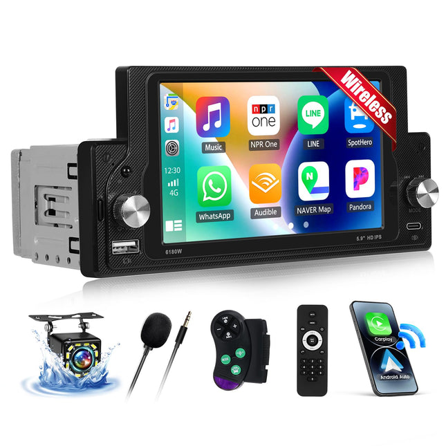 [Juhtmevaba uuendamine] SIXWIN autoraadio 1 DIN juhtmevaba Carplay ja Android Auto toega, 5,9-tolline puuteekraan, toetab Bluetooth 5.0/USB/AUX/FM/AM/Mirrorlink/roolijuhtimist+tagurduskaamerat