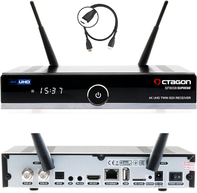 OCTAGON SF8008 UHD 4K Supreme kaksiksatelliidi vastuvõtja, 2x DVB-S2X tuuner, E2 Linux ja Define operatsioonisüsteem, PVR salvestusfunktsiooniga, M.2 M-võti, gigabiti LAN, kaardilugeja, satelliit-IP ühendus, WiFi WLAN + HM-SAT HDMI-kaabel