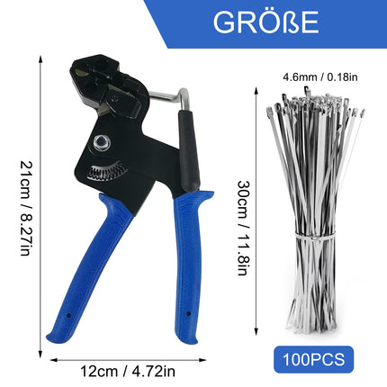 Stainless steel cable ties and metal tie gun, 100 pieces 4.6 x 300 mm metal cable tie tool, cable tie gun for stainless steel cable ties, cable tie gun for tightening cut cable ties