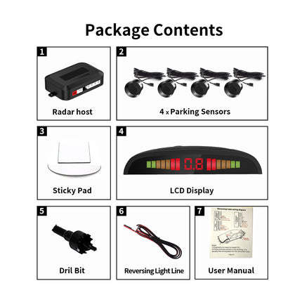 CoCar Car Reversing Alarm Parking Aid 4 Sensors Parking Assistant Parking System PDC + LED Displays + Acoustic Warning - Black