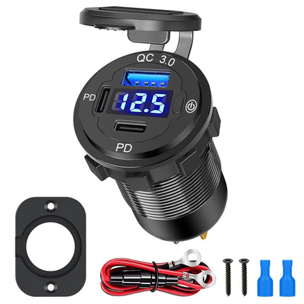 Linkstyle USB autolaadimispesa, 72W QC3.0 ja kahe PD USB C laadijaga toitepaneel lülitiga LED voltmeetriga 12V sõidukitele