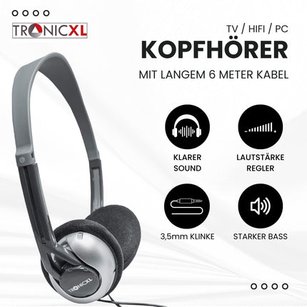 TronicXL TV kõrvaklapid 6 m pikkuse kaabli ja peavõruga, ühilduvad teleritega Samsung, LG, Sony, Toshiba, DYON, JVC, Philips, Apple, iPad, iMac, arvuti jne. Stereokõrvaklapid. Kõrvaklappide pistik.