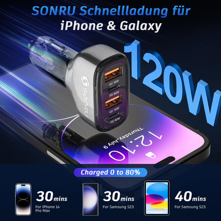 SONRU 120W autolaadija USB-C, auto sigaretisüütaja USB-C autolaadija 12V / 24V USB autolaadija 2 PD 60W max + 2 QC 30W, kiirlaadija sigaretisüütaja adapter