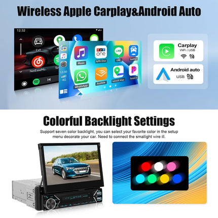 Juhtmevaba CAMECHO 1 DIN Carplay Android Auto, 7-tollise automaatse ekraaniga autoraadio Bluetoothi ​​ja vabakäesüsteemiga, kiirlaadimisega, peegliühendusega, FM Type-c/SD/AUX-sisendiga