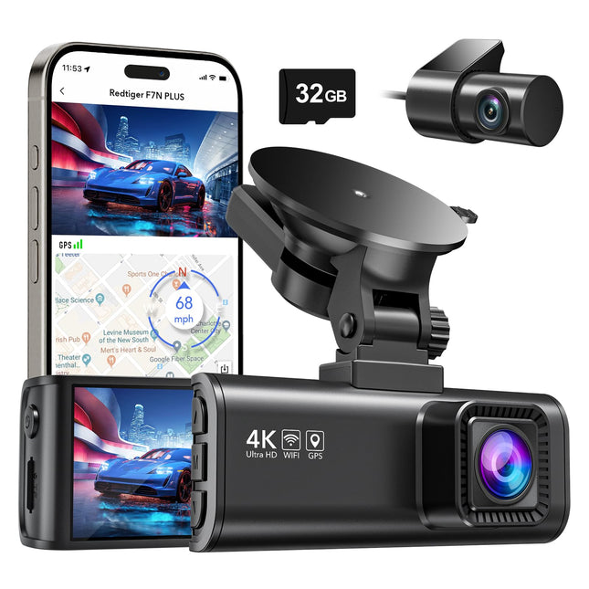 REDTIGER auto armatuurlaua kaamera esi- ja tagaosa 4K/2.5K GPS-i ja WiFi-ga, auto armatuurlaua kaamera 3.18" IPS ekraan, tasuta 32GB mälukaart, öönägemine, tsükkelsalvestus, 170° lainurk WDR, toetab maksimaalselt 256 GB (F7NP)