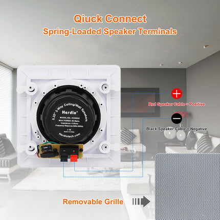 Herdio 5.25-inch 2-way in-wall speakers perfect for indoor and outdoor installation, compatible with Bluetooth (pair, paintable grille)