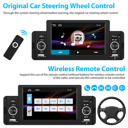 Podofo autoraadio 1 DIN Bluetooth-vabakäesüsteemiga, 5-tolline puutetundlik ekraan, ühe DIN-iga autostereo, ekraanitugi FM, peegliühendus, kaugjuhtimispult + tahavaatekaamera ja mikrofon