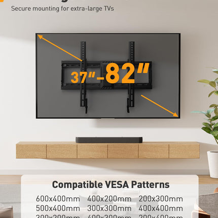 Perlegear TV seinakinnitus, kallutatav telerikinnitus 37-82-tollistele lamedatele ja kumeratele LED/LCD/OLED/plasmateleritele, max VESA 600 x 400 mm, kandevõime 60 kg, reguleeritavate tõmbenööridega