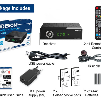 EDISION Picco T265 pro HD maapealse ja kaabeltelevisiooni vastuvõtja DVB-T2/C H.265 HEVC FTA Full HD, PVR, USB, HDMI, SCART, S/PDIF, IR-Eye, USB WiFi tugi, universaalne 2-ühes kaugjuhtimispult, 2-ühes toiteplokk