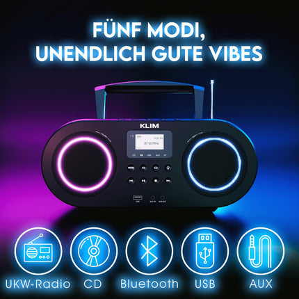 KLIM Boombox B5 raadio CD-mängijaga + FM-raadio, Bluetooth, AUX, USB + UUS + kaasaskantav CD-mängija juhtmevaba režiimi ja laetava akuga + CD-mängija automaatse unerežiimi ja digitaalse ekvalaiseriga