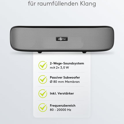 Goobay 95041 stereokõlar 6W teleri, arvuti, mobiiltelefoni, Maci ja sülearvuti jaoks USB-heliriba 2x 3W, helisüsteem digitaalse võimendi ja subwoofermembraaniga, must