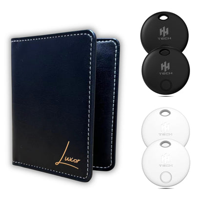 Smart Tag (Pack-4) 2 black + 2 white combo for Apple iOS: includes Luxor wallet, key finder, item finder, replaceable battery, easily track your bag and more worldwide