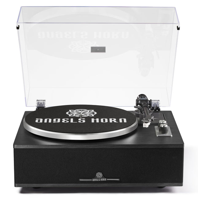 ANGELS HORN Bluetooth vinüülplaadimängija | 2-käiguline plaadimängija sisseehitatud kõlaritega | Komplektis Phono eelvõimendi ja AT-3600L helipea | Must