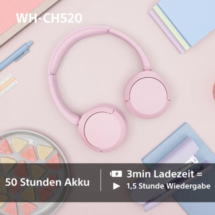 Sony WH-CH520 juhtmevabad Bluetooth-kõrvaklapid, kõrge helikvaliteet, kerge disain, kuni 50 tundi aku tööiga, kiire laadimine, ekvalaiser, selge kõnekvaliteet, iOS ja Android - roosa