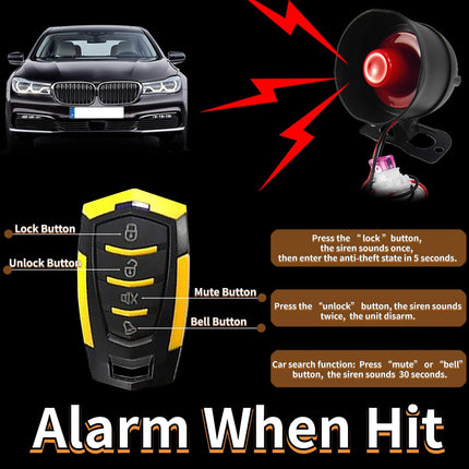 Autosignaali alarm, universaalne autoalarmi kaitsesüsteem 2 kaugjuhtimispuldiga, 12V seadmele, 7-tasemeline tundlikkus, vargusvastane (CW-8182)