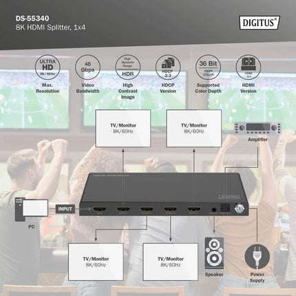 DIGITUS Splitter HDMI 1x4 8K/60Hz Toslink, Stereo, EDID Contr.
