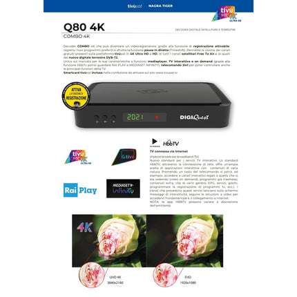TiVuSat kaart 4K UHD + DIGIQuest Q80 satelliitvastuvõtja 4K H.265 S2+T2 HEVC digiboks, sertifitseeritud TiVuSat vastuvõtja kaardiga (AKTIVEERITUD), meediapleier, veebiraadio, 150 WiFi USB-mälupulk, HTS HDMI-kaabel